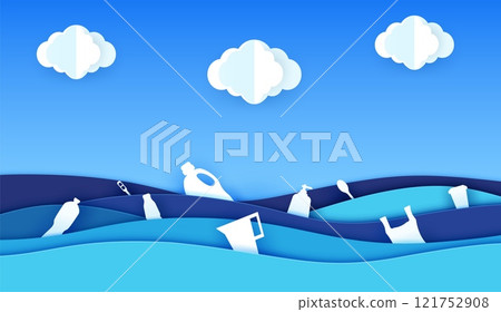 Polluted water with plastic items in sea or ocean waves in paper cut, vector background. Stop pollution, save sea ecology and ocean environment paper cut banner with plastic bottles and plastic bags 121752908