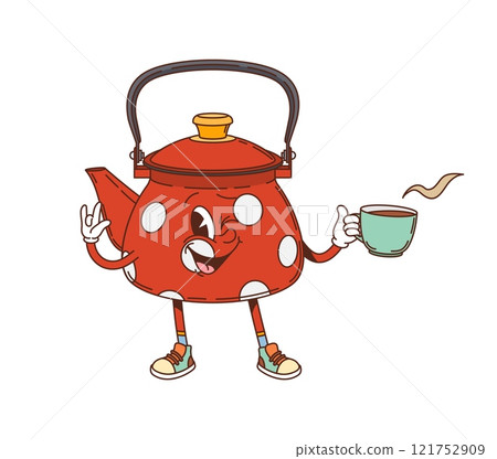 Groovy kettle teapot retro cartoon character with tea cup, vector funny kitchenware utensil. Groovy teakettle with happy face and winking smile for drink kitchenware or kitchen utensil cute character Groovy kettle teapot retro cartoon character with tea cup, vector funny kitchenware utensil. Groovy teakettle with happy face and winking smile for drink kitchenware or kitchen utensil cute character 121752909