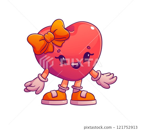 Cartoon groovy valentine day girl heart character with a bow and retro sneakers. Isolated cute and playful vector holiday personage exudes cheerful emotions and feelings, embodies festive season 121752913