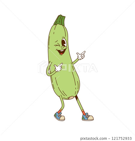 Cartoon zucchini vegetable groovy character. Agriculture ripe vegetable vintage happy character. Healthy food veggie retro isolated vector cute mascot or farm fresh zucchini groovy funny personage 121752933
