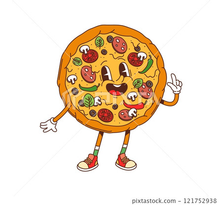 Cartoon groovy fast food pizza character. Takeaway restaurant or pizzeria menu meal cheerful cartoon mascot. Italian cuisine cafe or restaurant salami pizza vintage groovy vector funny character Cartoon groovy fast food pizza character. Takeaway restaurant or pizzeria menu meal cheerful cartoon mascot. Italian cuisine cafe or restaurant salami pizza vintage groovy vector funny character 121752938