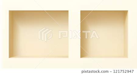 3d wall niches. Realistic vector two empty boxes, shelves on beige or creamy background. Shop, gallery showcase mockup for product presentation. Blank retail storage, exhibit space, interior bookshelf 121752947