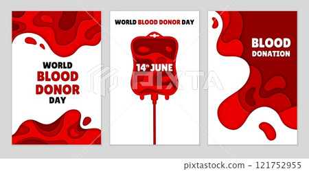 Blood donation and world blood donor day paper cut posters featuring a blood bag and fluid shapes in a papercut vector style, raising awareness and encouraging blood donation on June 14th celebration 121752955