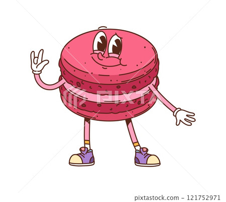 Retro hippie groovy macaroon dessert character. Cafe sweet pink macaroon retro funky isolated vector cute personage, french restaurant dessert meal cartoon mascot or pastry groovy funny character 121752971