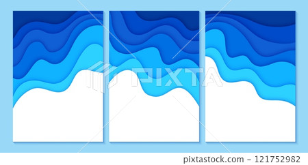 Paper cut blue water waves, sea surface ripples. 3d vector papercut empty banners, poster or frame templates with wavy navy layers for environmental World Water day or Save the Oceans day 8th June 121752982