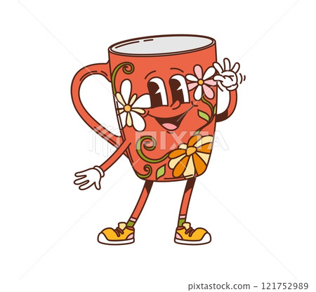 Groovy tea cup retro cartoon character of kitchenware and utensil, vector mug. Funny groovy coffee cup with happy face and smile in flowers ornament for kitchenware or cute utensil cartoon character Groovy tea cup retro cartoon character of kitchenware and utensil, vector mug. Funny groovy coffee cup with happy face and smile in flowers ornament for kitchenware or cute utensil cartoon character 121752989