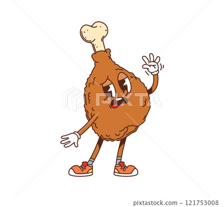 Cartoon groovy fast food fried chicken leg character. Takeaway cafe poultry meat snack sad or disappointed personage. Fast food restaurant chicken fried drumstick meal groovy isolated vector character 121753008