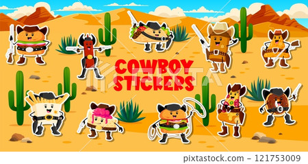 Stickers pack of cartoon fast food cowboy and bandit characters, vector personages. Wild West fast food characters stickers of cheeseburger sheriff with taco ranger and donut cowboy with gun and lasso Stickers pack of cartoon fast food cowboy and bandit characters, vector personages. Wild West fast food characters stickers of cheeseburger sheriff with taco ranger and donut cowboy with gun and lasso 121753009
