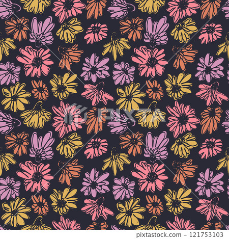 Seamless pattern with hand drawn colorful ditsy scribble flowers on brown background Seamless pattern with hand drawn colorful ditsy scribble flowers on brown background 121753103