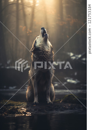 A wolf howls at the moon, its eyes glowing in the darkness, surrounded by a misty forest. Wildlife Animals. 121753184