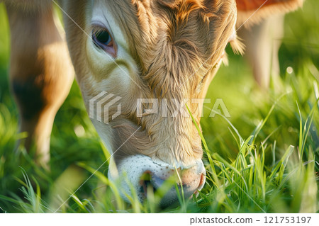 Adorable calf grazing in a sunlit field, with close-up detail of its face and ears. Perfect for agricultural, farm life, and nature-themed projects. Adorable calf grazing in a sunlit field, with close-up detail of its face and ears. Perfect for agricultural, farm life, and nature-themed projects. 121753197