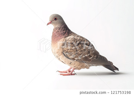 A plump pigeon with a pinkish breast stands tall against a clean white background. bird. A plump pigeon with a pinkish breast stands tall against a clean white background. bird. 121753198