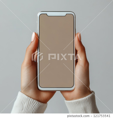Smartphone in Hands Mockup, Hand Holds Mobile Phone, Empty Telephone Display, Online Shopping 121753541