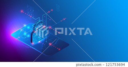Data protection. Isometric image of a smartphone with a picture of a lock and various technological elements. 121753694