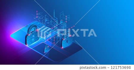 Data protection. Isometric image of a smartphone with a picture of a lock and various technological elements. 121753698