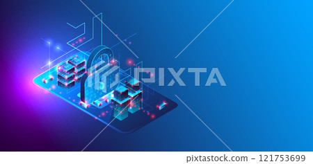 Data protection. Isometric image of a smartphone with a picture of a lock and various technological elements. 121753699
