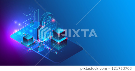 Data protection. Isometric image of a smartphone with a picture of a lock and various technological elements. 121753703