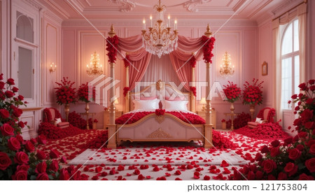 an elegant luxury rich bedroom decorated and colored for romantic evenings or for Valentine's Day 121753804