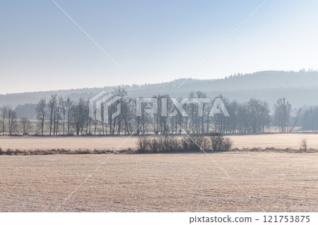 Winter snowy country at sunny day. Region Pilsen in Czech Republic, Europe. Winter snowy country at sunny day. Region Pilsen in Czech Republic, Europe. 121753875