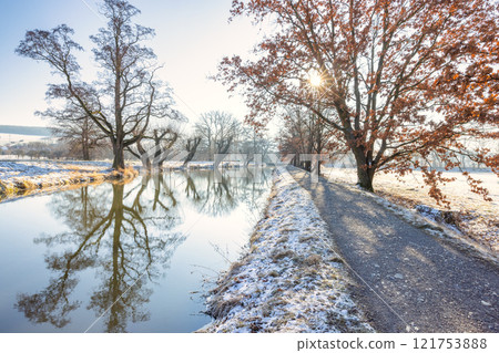 Winter snowy country with reflections of trees in a water at a sunny day. Region Pilsen in Czech Republic, Europe. Winter snowy country with reflections of trees in a water at a sunny day. Region Pilsen in Czech Republic, Europe. 121753888