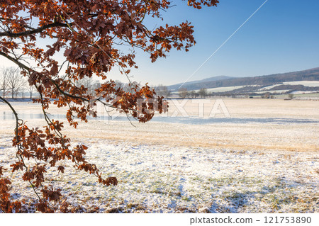 Winter snowy country at sunny day. Region Pilsen in Czech Republic, Europe. Winter snowy country at sunny day. Region Pilsen in Czech Republic, Europe. 121753890