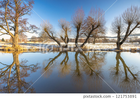 Winter snowy country with reflections of trees in a water at a sunny day. Region Pilsen in Czech Republic, Europe. 121753891