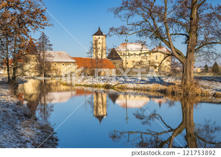 Svihov castle in winter, medieval landmark in Region Pilsen in Czech Republic, Europe. 121753892