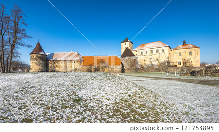 Svihov castle in winter, medieval landmark in Region Pilsen in Czech Republic, Europe. 121753895