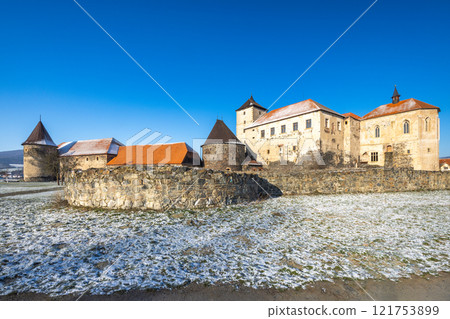Svihov castle in winter, medieval landmark in Region Pilsen in Czech Republic, Europe. 121753899