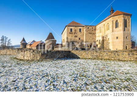 Svihov castle in winter, medieval landmark in Region Pilsen in Czech Republic, Europe. 121753900
