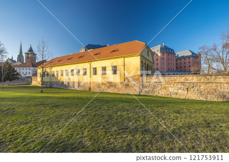 Pilsen town, historic building at city park the Mill Race (in Czech Mlynska strouha), relaxing area in centre of town, Czech Republic, Europe. 121753911