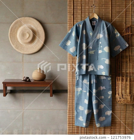 Traditional Japanese kimono with blue cloud patterns in minimalist interior decor.  121753976