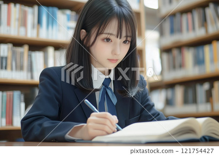 A high school girl in uniform studying in a school library 121754427