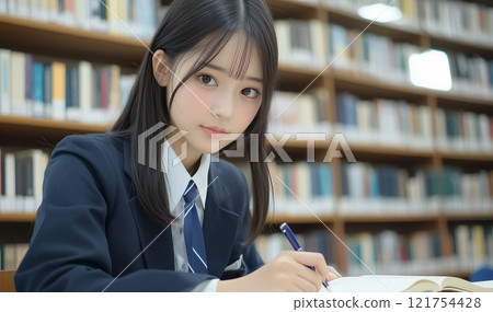 Cute high school girls in uniform studying in the library 121754428