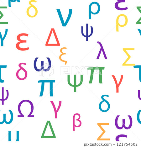 Seamless pattern Letters and symbols of the Greek alphabet. Bright Greek alphabet 121754502