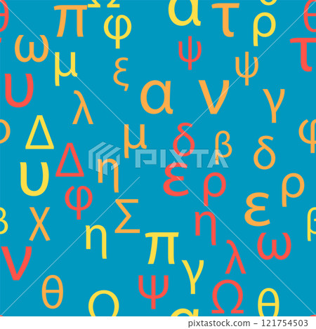 Seamless pattern Letters and symbols of the Greek alphabet. Bright Greek alphabet Seamless pattern Letters and symbols of the Greek alphabet. Bright Greek alphabet 121754503