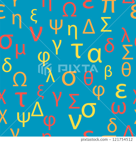 Seamless pattern Letters and symbols of the Greek alphabet. Bright Greek alphabet Seamless pattern Letters and symbols of the Greek alphabet. Bright Greek alphabet 121754512