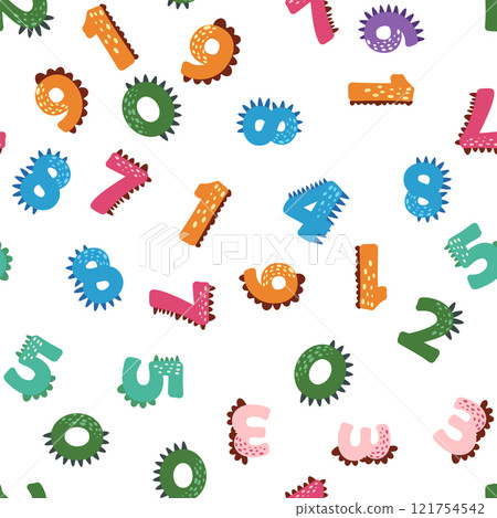 ABC seamless pattern in simple cartoon style. Cute dinosaur alphabet print - hand drawn childish seamless pattern design 121754542