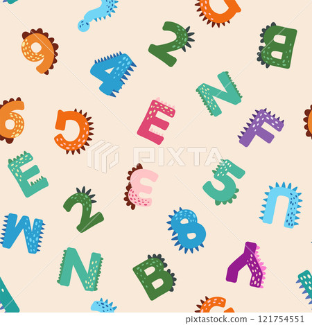 ABC seamless pattern in simple cartoon style. Cute dinosaur alphabet print - hand drawn childish seamless pattern design 121754551