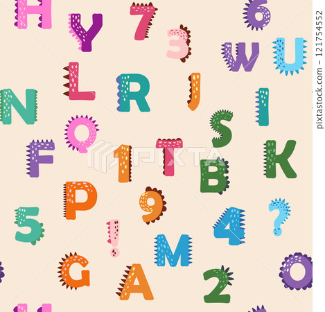 ABC seamless pattern in simple cartoon style. Cute dinosaur alphabet print - hand drawn childish seamless pattern design 121754552