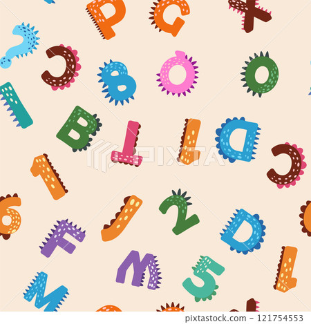 ABC seamless pattern in simple cartoon style. Cute dinosaur alphabet print - hand drawn childish seamless pattern design ABC seamless pattern in simple cartoon style. Cute dinosaur alphabet print - hand drawn childish seamless pattern design 121754553