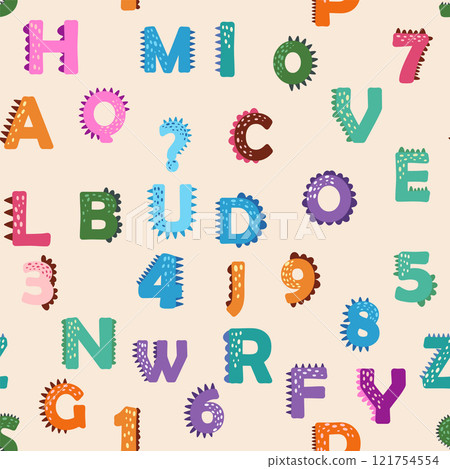 ABC seamless pattern in simple cartoon style. Cute dinosaur alphabet print - hand drawn childish seamless pattern design 121754554