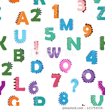 ABC seamless pattern in simple cartoon style. Cute dinosaur alphabet print - hand drawn childish seamless pattern design 121754559