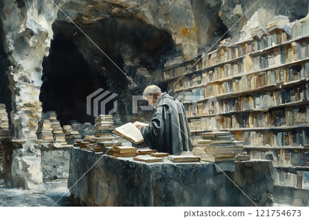 A monk in a scriptorium working on an illuminated Bible, showcasing intricate calligraphy 121754673