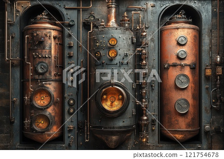 Futuristic industrial factory with steampunk-inspired machinery, metal boilers, pipes 121754678