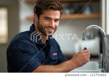 Portrait of a plumber repairing a sink, using tools to fix pipes and ensure proper water flow 121754682