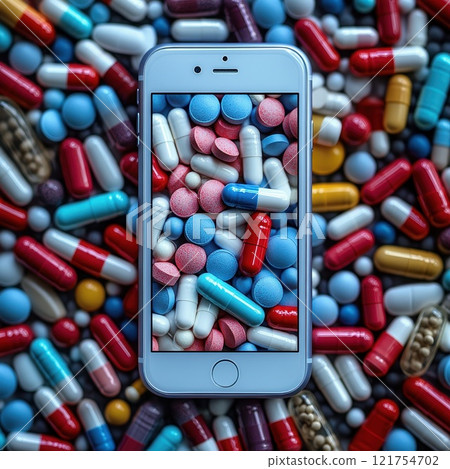 Pill capsules pattern, analgesic pile, painkiller drugs, sedative pills group, medicine gel capsules on blue 121754702
