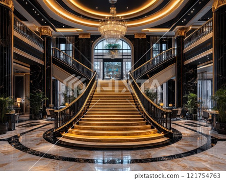 luxurious hotel lobby with a grand staircase, marble floors, and a stunning chandelier 121754763
