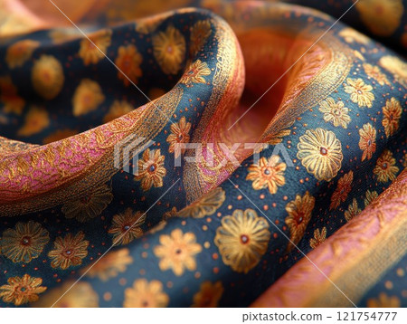 Tapestry or jacquard decor abric pattern with floral design and vibrant texture evoke cultural artistry 121754777