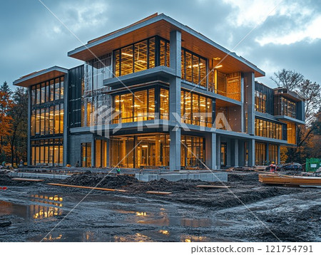 New modern building structure under construction with wooden framework and glass exterior 121754791